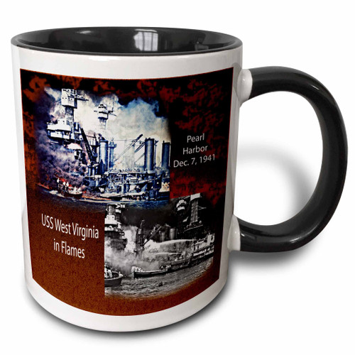 Pearl Harbor Dec 7, 1941-USS West Virginia Up In Flames Two Tone Mug, 11 oz, Black/White Pearl Harbor Dec 7, 1941-USS West Virginia Up In Flames Two Tone Mug, 11 oz, Black/White