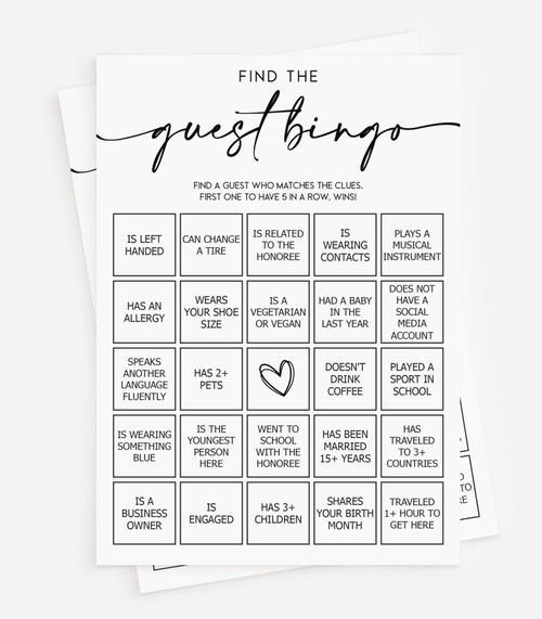 50 Find The Guest Bingo Game (50-Cards) Fun Baby Shower Game Activity, Bridal Shower, Wedding Decorations, Rehearsal Dinner, Engagement Party, Gender Neutral Boy or Girl, Minimalist