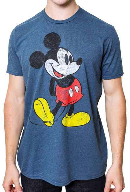 Mickey Mouse Classic Distressed Standing T-Shirt(MD, Indigo Black)