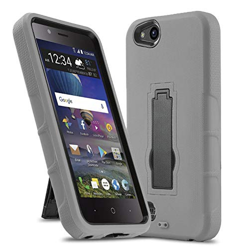 Phone Case for [ZTE ZFIVE G LTE (Z557BL) / ZTE ZFIVE C LTE (Z558VL)], [Impact Series][Gray] Shockproof [Easy Grip] Cover with [Kickstand] (Tracfone, Simple Mobile, Straight Talk, Total Wireless)
