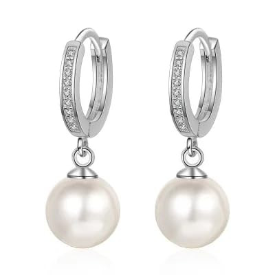 925 Sterling Silver Simulated Shell Pearl Earrings for women: Rhodium plated Silver Dangle earrings 10mm Pearl Fashion Jewelry for Girls & Women