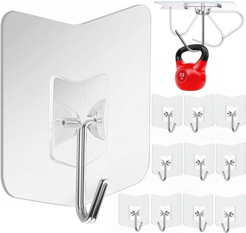 Adhesive Hooks for Hanging, Heavy Duty Wall Hooks Stainless Steel Self Adhesive Towel Hook Waterproof Transparent Sticky Hooks (HOOK12-30)