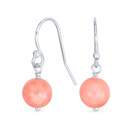 Simple Plain Soft Pink Coral Gemstone Round Dangle French Fish Hook Wire Ball Drop Earrings For Women .925 Sterling Silver