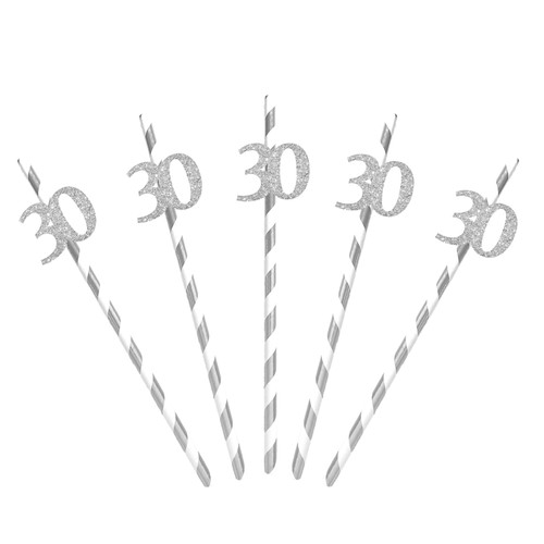 Silver Happy 30th Birthday Paper Straws, Number 30 Cut Outs Straw Decor, Cheers to Thirty Years Old Birthday Paper Straws, 30th Anniversary Party Drinking Decorative Supplies - 24pcs