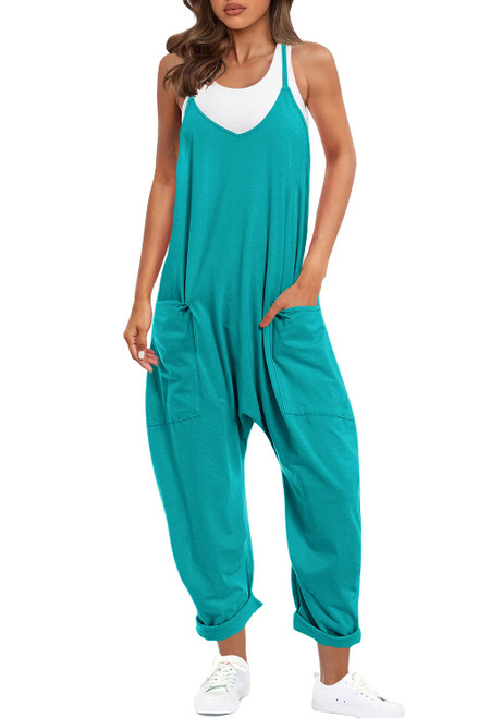 Casual Harem Jumpsuits V Neck Wide Leg Jumpsuits with Pockets Sleeveless Romper Spaghetti Strap Overalls (Teal,2XL)