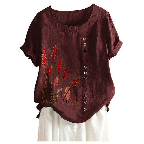 Plus Size Tops for Women Casual Summer Short Sleeve Crewneck Floral Print Cotton and Linen Button Shirts Loose Blouse
