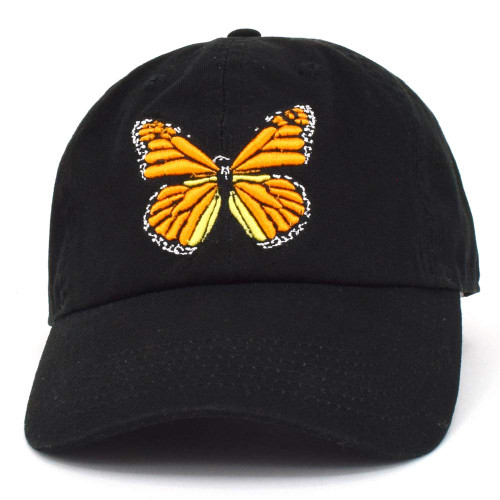 Monarch Large Butterfly Embroidered Dad Hat Cap Adjustable Unconstructed (Black)