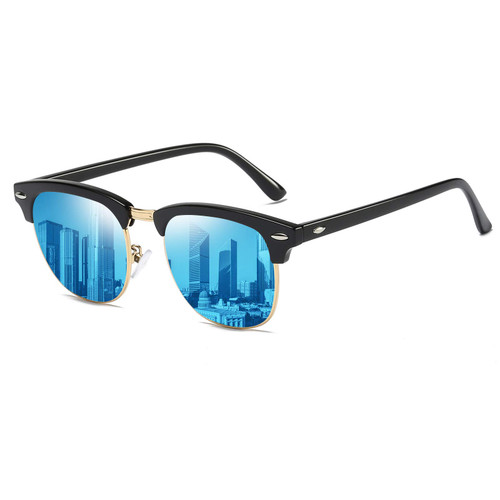 Polarized Browline Sunglasses Classic Semi-Rimless Frame Retro Sunglasses for Men and Women UV 400 Protection(Black Frame/Blue Lens)