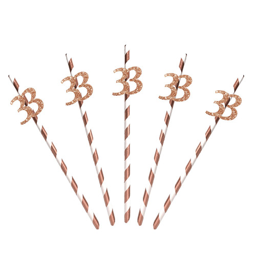 Rose Gold Happy 33rd Birthday Paper Straws, Number 33 Cut Outs Straw Decor, Cheers to Thirty Three Years Old Birthday Paper Straws, 33rd Anniversary Party Drinking Decorative Supplies - 24pcs