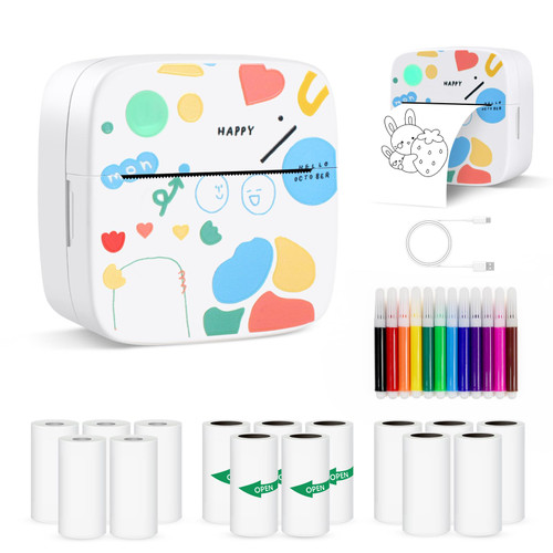 Mini Sticker Printer, Portable Printer with 15 Rolls Paper and Sticker, Receipt Printers, Thermal Printer for iOS & Android, Bluetooth Inkless Printer for DIY, Memo, Study Notes, List