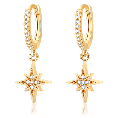 18K Gold Plated Dangle Hoop Earrings for Women Girls, Gold CZ Paved Huggie Hoop Earrings, Gold Dangle Drop Huggie Earrings With Star Moon Teardrop Evil Eye Lightning Charms (Star)