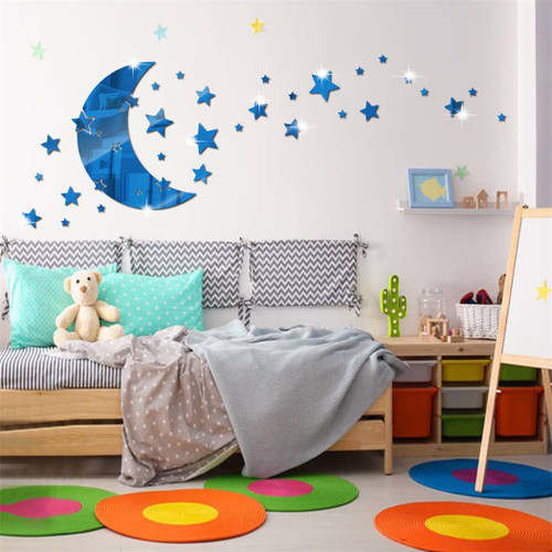 Moon and Stars Mirror Wall Stickers, Removable Acrylic Crescent Moon and 146 PCS Stars Wall Mirror Stickers Decals, 3D Moon Star Art Wall Decoration for Baby Kid Bedroom Living Room Ceiling (Blue)