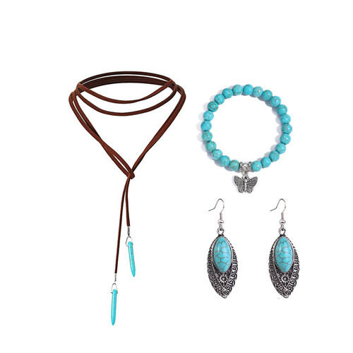 Western Jewelry Bohemian Turquoise Jewelry Set for Women Girls Vintage Turquoise Earrings,Turquoise Necklace and Bracelet Turquoise Earrings Jewelry Set Party Gifts (A)