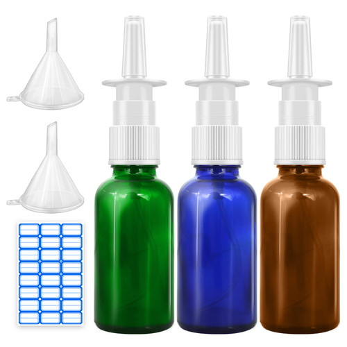 Nasal Spray Bottle, 3 Pcs 30ML/1oz Amber,Cobalt Blue,Green Glass Refillable Fine Mist Sprayers Atomizers, Travel Sized, Empty Nasal Sprayer with Funnels and Labels
