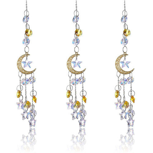 3 Pcs Crystal Moon&Star Prisms Suncatchers Glass Window Hanging Prism Suncatcher Rainbow Maker for Home Garden Decor