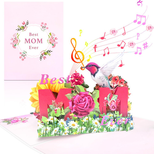 Happy Mother's Day Card, Mother's Day Pop Up Card, Music & Lights Birthday Card for Mom 3D Hummingbird Flowers Birthday Card with Envelope for Women, Wife, Grandma, Pink