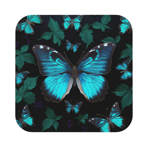 Drink Coasters Set of 6 Blue Butterfly Print Coasters for Coffee Table Absorbent Leather Coasters for Drinks Cup Coaster Set Decor for Bar