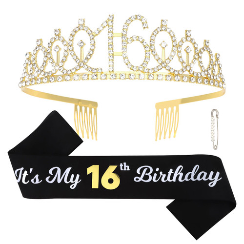 Gold Sweet 16 Birthday Sash and Tiara, 16th Birthday Crown and It's My 16th Birthday Sash for Girls Kit Birthday Decoration 16th Birthday Party Gifts Gold Sweet 16 Birthday Sash and Tiara, 16th Birthday Crown and It's My 16th Birthday Sash for Girls Kit Birthday Decoration 16th Birthday Party Gifts