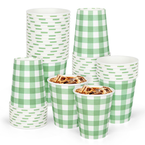 50Pcs Buffalo Plaids Paper Cups Sage Green Checkered Disposable Cups Party Decorative Cups for Wedding Birthday Cold Hot Drinkware Tableware Decor Supplies, 9 Oz