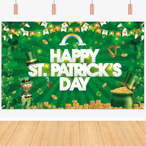Happy St Patricks Day Backdrops for Photography, 71" X 43" Inch ST. Patrick's Day Photo Background Banner Green Shamrock Gold Coin for Irish Luck Day Saint Patrick's Party Supplies Wall Decorations