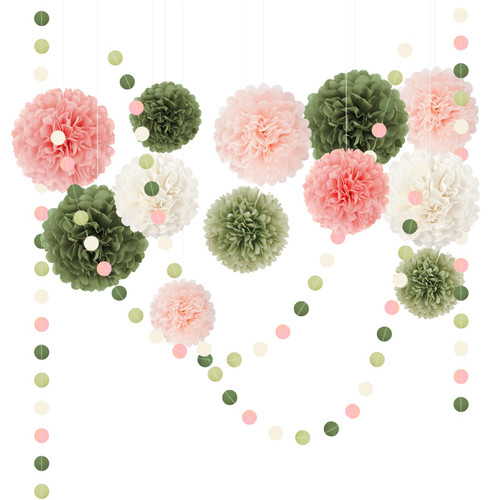 Sage Green Wedding Party Decorations, 15PCS Green Tissue Paper Pom Poms,Dots Paper Garland String Hanging Backdrop for Boho Neutral Baby Shower, Bridal Shower, Engagement Party