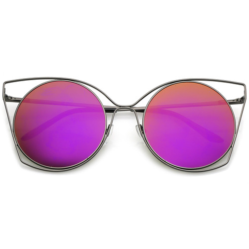 Oversize Slim Metal Cutout Flat Mirrored Round Lens Cat Eye Sunglasses 58mm (Gunmetal/Magenta Mirror)