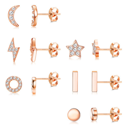 6 Pairs Sterling Silver Stud Earrings Hypoallergenic Earrings Stud Bar Circle CZ Stud Earrings Tiny Stud Earrings Set 14K Gold Plated Cartilage Earrings Studs for Women (Rose Gold-Star)