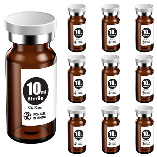 Ks-Tek Sterile Empty Vials with Self Healing Injection Port,with Aluminum plastic Cap,Sterile Package (10ml Amber,10)