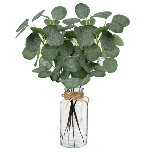 6pcs Artificial Eucalyptus Stems in Glass Vase, 14" Faux Eucalyptus Branches Home Office Table Decor, Fake Greenery Plant Leaves for Farmhouse Wedding Decorations