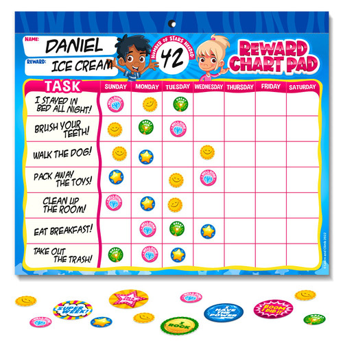 Behavior Reward Chart System - Pad with 15 Chore Charts for Kids, 850 Stickers to Motivate Responsibility & Good Habits