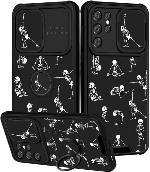 (2in1 for Samsung Galaxy S21 Ultra Case Skeleton Yoga Cute Halloween Phone Cover Funny Skull Design with Slide Camera Cover+Ring Black Cool Horror Pattern Teen Cases for S21 Ultra 6.8''