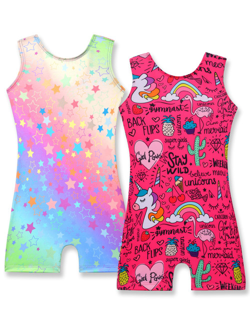 Gymnastics Leotards for Girls 4t 5t 2 Pack Rainbow Star Unitards Sleeveless Hot Pink Unicorn Biketard