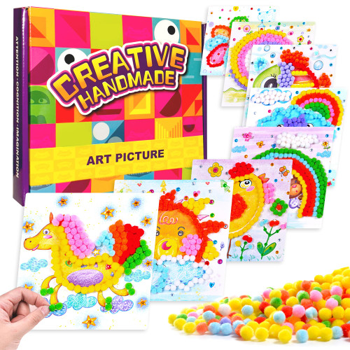 Pom Pom Art, DIY Small Pom Pom Pictures Craft Kit for All Ages, Sticker Flower Animals Rainbow Pom Poms Painting Arts & Crafts Supplies, Colored Pompoms Family Activities Craft Kit, 8 Patterns