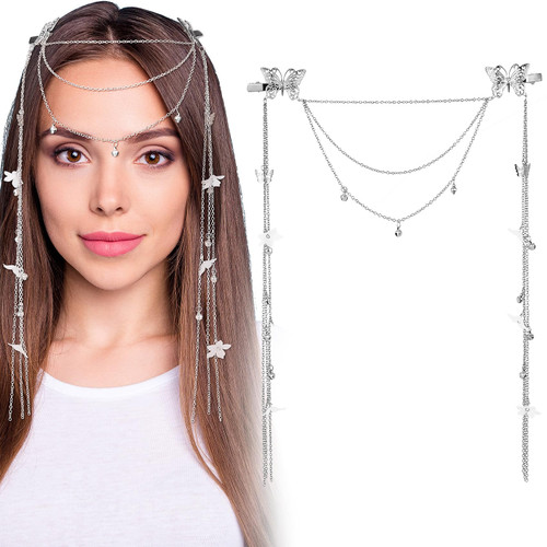 Hair Chain Jewelry 2pcs, Silver Head Chain Jewels Boho Headpiece, Butterfly Headband with Tassel Hair Hoop Band Vine Clips Hair Accessories for Women and Girls Wedding Bridal Hair Chain Jewelry 2pcs, Silver Head Chain Jewels Boho Headpiece, Butterfly Headband with Tassel Hair Hoop Band Vine Clips Hair Accessories for Women and Girls Wedding Bridal