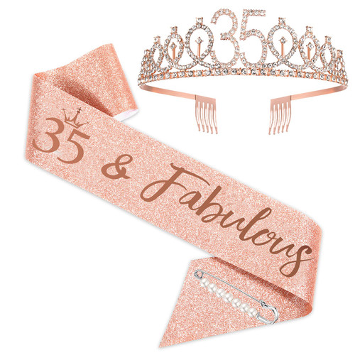 35th Birthday Sash and Tiara for Women, Rose Gold Birthday Sash Crown 35 & Fabulous Sash and Tiara for Women, 35th Birthday Gifts for Happy 35th Birthday Party Favor Supplies