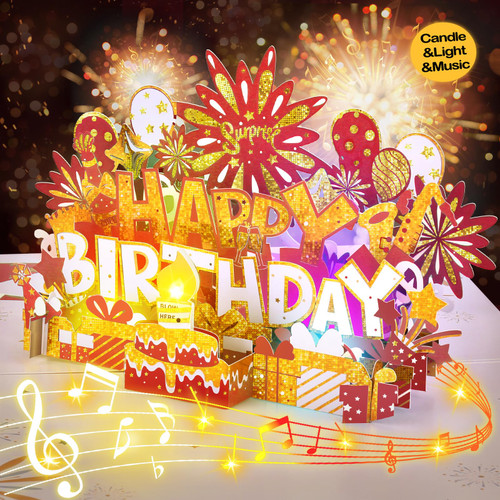 Birthday Card | Musical Pop Up Birthday Cards w Light | Blow Out LED Light Candle & Play Happy Birthday Music Pop Up Card | Greeting Cards Gifts for Him or Her | Red Gold (Blowable Candle) Birthday Card | Musical Pop Up Birthday Cards w Light | Blow Out LED Light Candle & Play Happy Birthday Music Pop Up Card | Greeting Cards Gifts for Him or Her | Red Gold (Blowable Candle)
