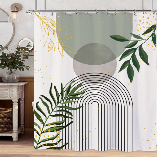 Sage Green Boho Abstract Shower Curtain Mid Century Minimalist Shower Curtain for Bathroom Set Modern Leaf Sun Geometric Arch Shower Curtain for Bathtub Decor Decoration 60x72 Inch with Hooks