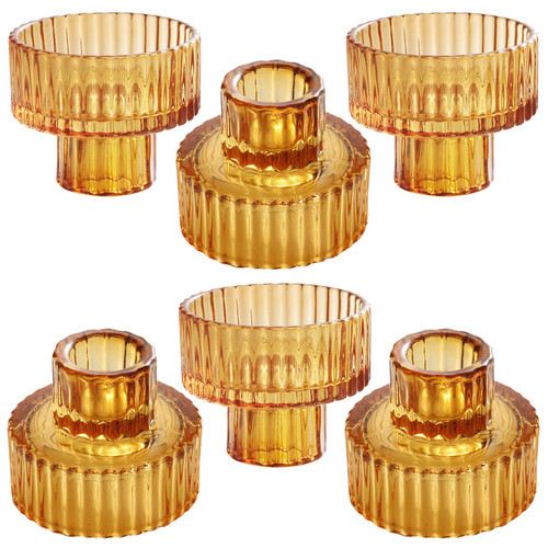 Amber Glass Candle Holders 6PCS for Pillar Candles, Taper Candles, Tealight Candles, Candlestick Holders for Wedding, Festival, Dinning&Party