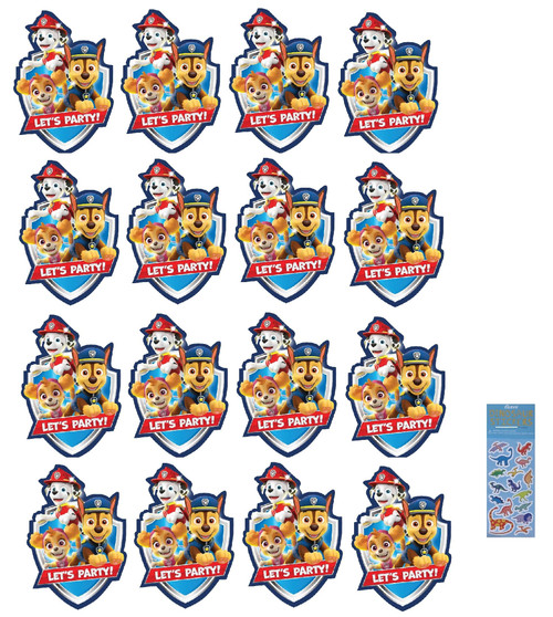 Paw Patrol Adventures Birthday Party Supplies Bundle includes 16 Postcard Party Invitations and 1 Dinosaur Sticker Sheet