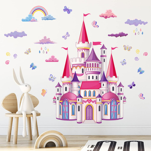 Large Cartoon Castle Wall Decals Fairy Tale Wall Stickers Rainbow Clouds Butterflies Wall Decor for Kids Girls Living Room Bedroom