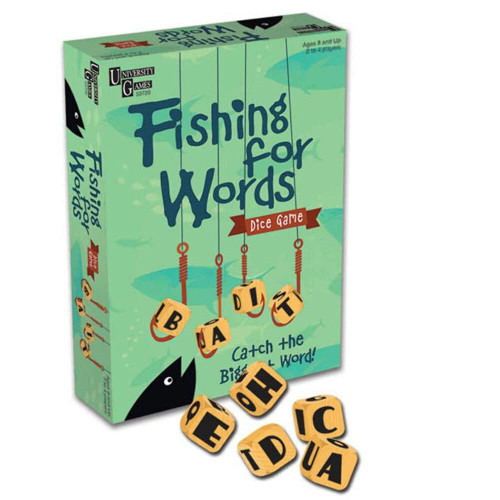 Fishing for Words, Dice Game, Word Game, Travel Game, Family Game, Bar Game, 2 to 4 players, ages 8 and up, Green