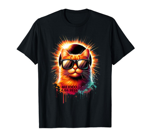 Mexico 2024 Total Solar Eclipse Cat Wearing Glasses Totality T-Shirt