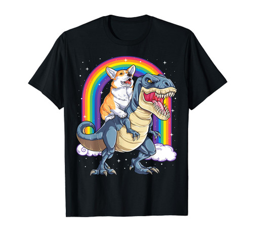Corgi Riding Dinosaur T rex Gifts Men Women Rainbow Funny T-Shirt