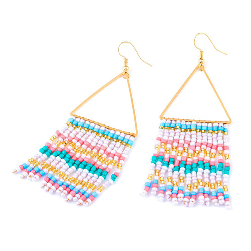 Handmade Beaded Tassel Earrings - Statement Seed Bead Earrings, Boho Beaded Fringe Drop Earrings for Women Girls (TRIANGLE PINK)