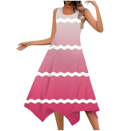 Summer Dresses for WomenCasual Crewneck Striped Swing Dresses Plus Size Beach Vacation Dress Handkerchief Boho Long Sundress Irregular Flowy Tank Dresses Music Festival Outfits Women Pink