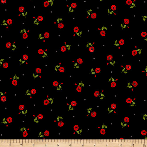Timeless Treasures Wild Poppy Tossed Small Poppies Black, Quilting Fabric by the Yard