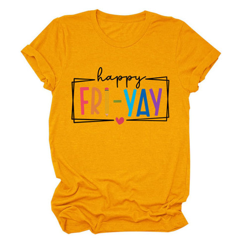 Women's Friday Weekend T-Shirt Summer Funny Teacher Shirts Short Sleeve Crewneck Tops Teacher Appreciation Gifts Yellow