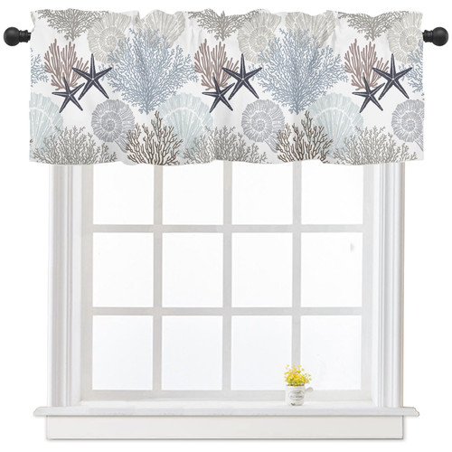 Summer Coral Starfish Kitchen Curtains Valances for Windows Beach Coastal Seashell Window Curtain 54x18 Inch Blue Brown Short Rod Pocket Bathroom Treatment Valance for Living Room Bathroom Decor