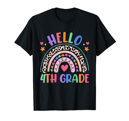 Hello 4th Grade Leopard Boho Rainbow Back To School T-Shirt