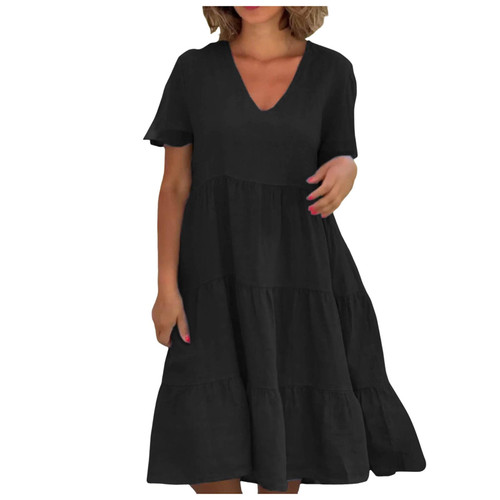 Modest Dresses for Women 2024 Summer Casual Short Sleeve V Neck Sundresses Fashion Ruffle Sleeve Fit Tshirt Dresses Babydoll Flowy Tiered Beach Midi Dress Black